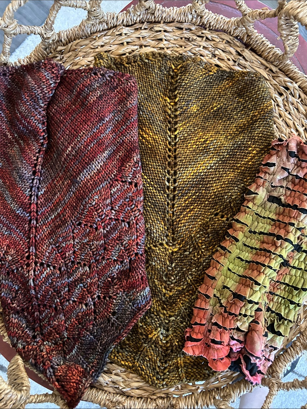 Two hi/low handmade Infiniti scarves and long fingerless gloves